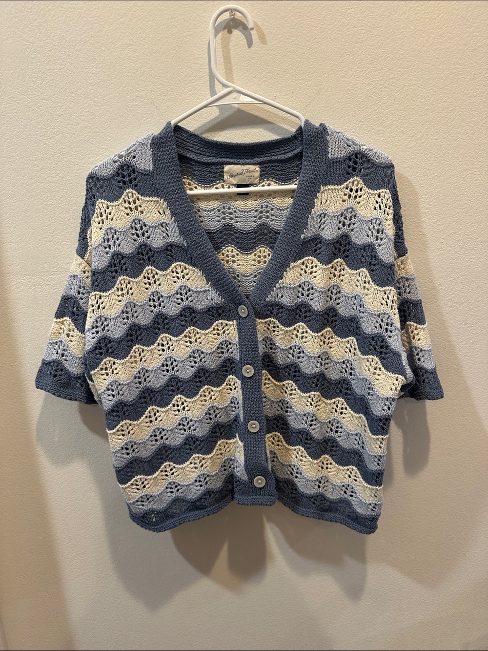 Universal Thread Crochet Wave Cardigan in Blue & Cream